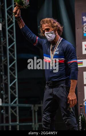 Adrien LORON de France, 2ème place, lors des Championnats du monde MTB 2021, quatre croix (4X), course VTT le 27 août 2021 à Val Di Sole, Italie - photo Olly Bowman / DPPI Banque D'Images