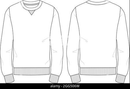 Coupe slim col rond manches longues Sweatshirt mode Flat Sketches dessin technique modèle vectoriel pour homme. Maquette de vêtement et de robe CAD. Illustration de Vecteur