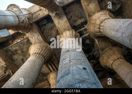 Reliefs et hiéroglyphes gravés sur les colonnes de pierre géantes de la salle hypostyle externe à l'intérieur du Temple d'Horus à E. Banque D'Images