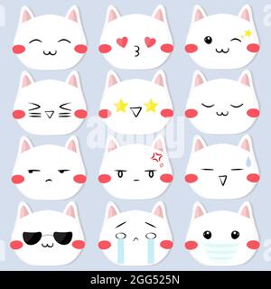 Adorable visages chat emojis autocollant réaction ensemble illustration vectorielle Illustration de Vecteur