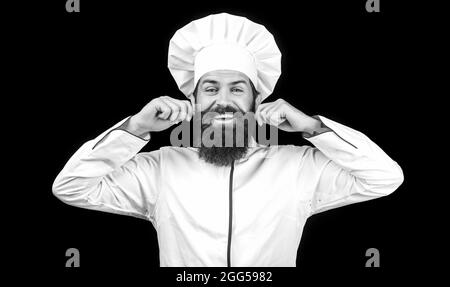 Cuisinier barbu, cuisiniers ou boulanger. Chef drôle avec cuisinier barbe.  Barbes et moustache portant un tablier à bavette. Nappy homme. Portrait d'un  cuisinier heureux. Cuire Photo Stock - Alamy
