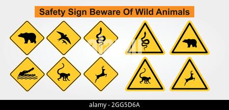 Autocollant de sécurité attention aux animaux sauvages. Méfiez-vous de l'ours, du cerf, du serpent, du singe, de l'oiseau, Et méfiez-vous du crocodile. Formats ANSI et OSHA standard. Illustration de Vecteur