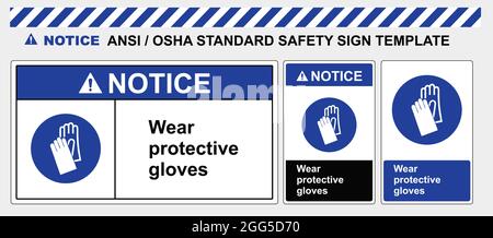 Porter un symbole de protection des mains, un autocollant de sécurité porter des gants de protection. norme ansi et osha. Porter un autocollant de sécurité portant des gants Illustration de Vecteur