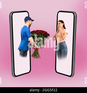 Messagerie de téléphone cellulaire donnant des roses à Lady sur fond rose Banque D'Images