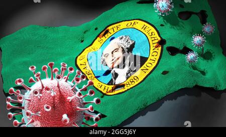 Covid à Washington - coronavirus attaquant un drapeau d'état de Washington comme un symbole d'un combat et de lutte contre la pandémie de virus dans cet état, 3d i Banque D'Images