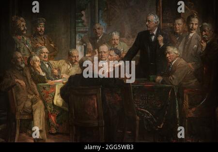 Homme d'État de la première Guerre mondiale de gauche à droite, assis à la table: Sir Joseph Cook, William Morris Hughes, David Lloyd George, Alfred Milner, Winston Churchill, Edward Gray, Herbert Asquith (tout à droite de la table) et William Ferguson Massey (retour). Debout : Ganga Singh (Maharaja de Bikaner), Louis Botha, George Nicoll Barnes (derrière Churchill), sir Robert Laird Borden, Arthur James Balfour, sir Eric Geddes, Andrew Bonar Law et Edward Patrick Morris. Peinture de James Guthrie (1859-1930). Huile sur toile (396,2 x 335,3 cm), 1924-1930. Détails. Galerie nationale de portraits. Londres, Angleterre, Banque D'Images