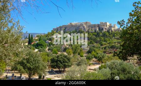 Vue sur l'Acropole depuis l'ancienne Agora d'Athènes, Grèce Banque D'Images
