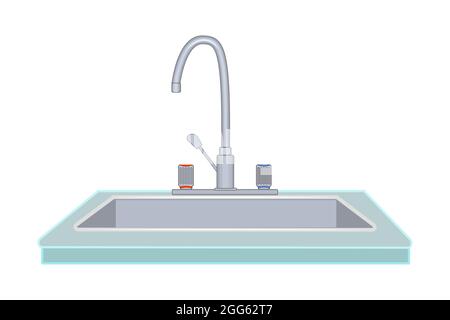 Évier de cuisine avec robinet isolé sur fond blanc. Évier de maison en acier avec icône de robinet.toilette ou lavabo de salle de bains.plomberie de maison. Illustration vectorielle Illustration de Vecteur