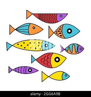 Ensemble de dessin animé main poisson plat. Éléments de design, collection de poissons mignons. Illustration de Vecteur