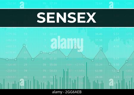 Indice boursier mondial ESB Sensex (ticker BESN) sur fond financier bleu à partir de graphiques, piliers. Tendance vers le haut et vers le bas, plat. Concept de marché boursier Banque D'Images