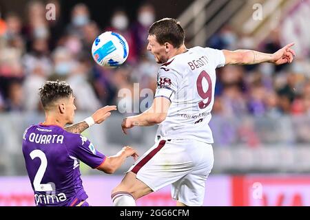 Stade Artemio Frachi, Florence, Italie, 28 août 2021, Andrea Belotti (Torino) et Lucas Martinez Quarta (Fiorentina) pendant l'ACF Fiorentina vs to Banque D'Images