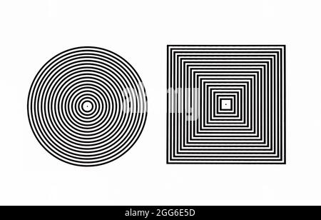 Deux formes rayées, bandes noires et blanches. Carré et cercle, vue de dessus, objets isolés. Motif à rayures pop art moderne, noir sur blanc Banque D'Images
