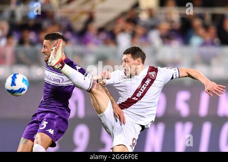 Stade Artemio Frachi, Florence, Italie, 28 août 2021, Andrea Belotti (Torino) et Cristiano Biraghi (Fiorentina) pendant l'ACF Fiorentina vs Torino Banque D'Images