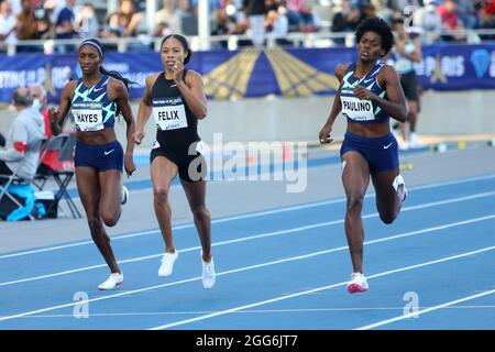 Quanera Hayes des Etats-Unis, Allyson Felix des Etats-Unis et Marileidy Paulino de la République dominicaine lors de l'IAAF Wanda Diamond League, Meeting de Paris Athlétisme événement le 28 août 2021 au stade de Charlety à Paris, France - photo Laurent Lairys / DPPI Banque D'Images