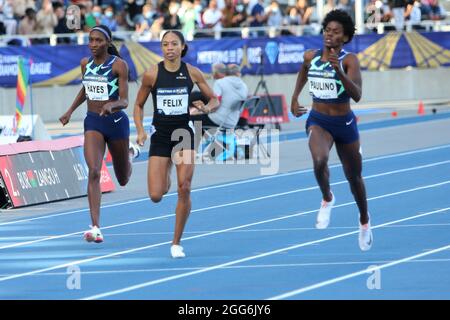 Quanera Hayes des Etats-Unis, Allyson Felix des Etats-Unis et Marileidy Paulino de la République dominicaine lors de l'IAAF Wanda Diamond League, Meeting de Paris Athlétisme événement le 28 août 2021 au stade de Charlety à Paris, France - photo Laurent Lairys / DPPI Banque D'Images