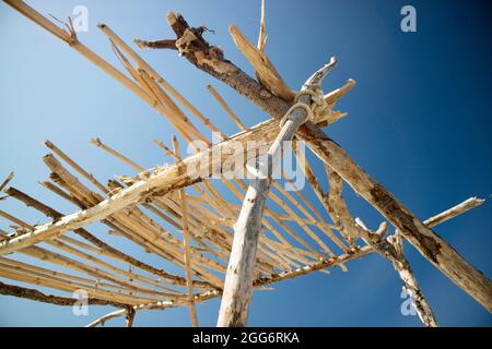 Sous-structures typiques en bois à l'abri du soleil sur la plage de Viareggio en été Banque D'Images