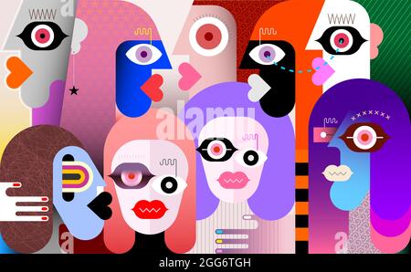 Grand groupe de personnes illustration de vecteur d'art moderne. Illustration abstraite de plusieurs faces différentes. Banque D'Images