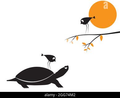 Silhouette de tortue et oiseaux sur l'illustration de branche, vecteur. Illustration de la bande dessinée des tortues et des oiseaux isolée sur fond blanc. Minimaliste puérile Illustration de Vecteur