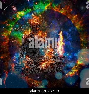 Le surréalisme. La figure de l'homme avec motif labyrinthe dans lotus de poser dans les flammes. Le rendu 3D Banque D'Images