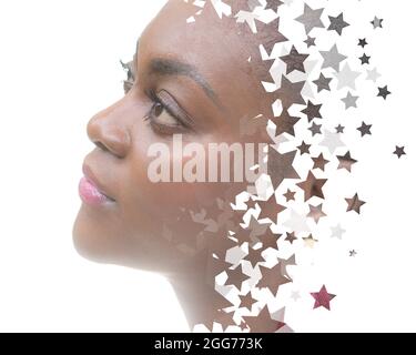 Portrait d'une femme afro-américaine combiné à d'innombrables étoiles Banque D'Images