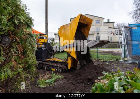 La petite benne à chenilles de tracteur déplace le sol fertile, aidant le jardinier à installer le jardin lors d'une journée de printemps pluvieuse Banque D'Images