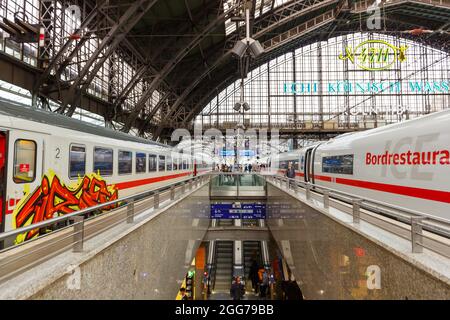Cologne, Allemagne - 3 août 2021 : trains à la gare centrale de Cologne (Hauptbahnhof Hbf) en Allemagne. Banque D'Images