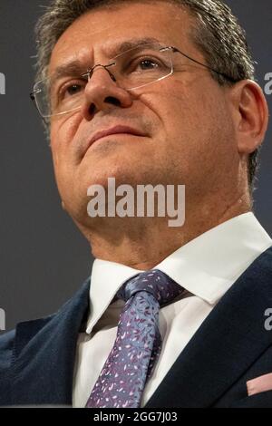 Maros Sefcovic (vice-président), relations interinstitutionnelles et prospective de l'Union européenne lors d'une conférence de presse pour une réunion de haut niveau de l'alliance européenne des batteries. Bruxelles. Banque D'Images