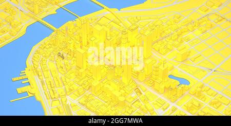jaune bas polyfilaire moderne centre-ville avec rivière au-dessus de la vue. rendu 3d Banque D'Images
