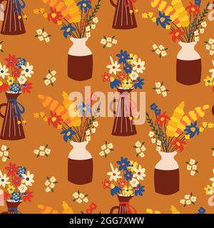 Automne fleurs fond vectoriel sans couture. Motif répétitif avec vases colorés à fleurs d'automne. À utiliser pour la décoration d'automne, Thanksgiving, le tissu, l'emballage Illustration de Vecteur