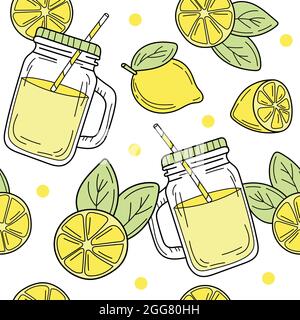 Motif vectoriel sans couture avec citrons de dessin animé et un pot en verre avec cimonade jaune et paille. Arrière-plan sans fin tracé à la main Illustration de Vecteur