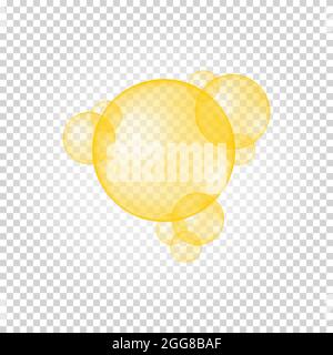 Bulles dorées. Gouttelettes de collagène, kératine, Q10, argan, huile cosmétique de jojoba, Vitamine A ou E, boules d'acides gras oméga sur fond transparent. Illustration vectorielle réaliste. Illustration de Vecteur