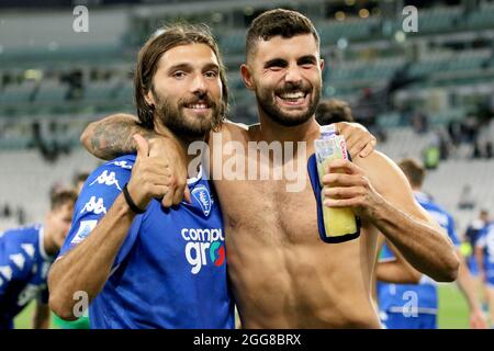 Allianz Stadium, Turin, Italie, 28 août 2021, Leonardo Mancuso et Patrick Cutrone (Empoli FC) célèbrent la victoire lors du match de Juventus Banque D'Images