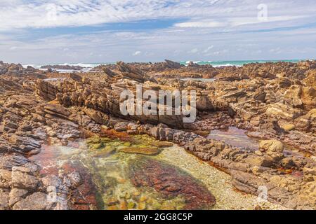 Formations rocheuses avec bassin marécageux sur la rive du Cap Agulhas en Afrique du Sud, qui est le point le plus au sud du continent africain. Banque D'Images