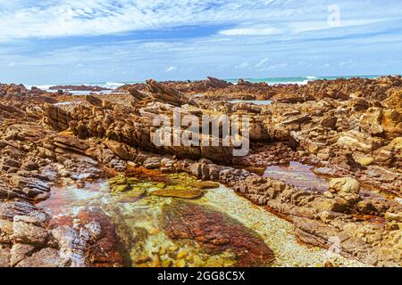 Formations rocheuses avec bassin marécageux sur la rive du Cap Agulhas en Afrique du Sud, qui est le point le plus au sud du continent africain. Banque D'Images