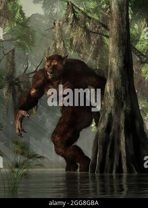 Le rougarou, une créature loup-garou du folklore cajun, émerge de derrière un cyprès. Cette cryptide américaine se démène dans des eaux marécageuses. Banque D'Images