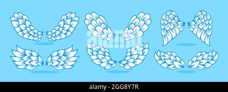 Ensemble de dessins animés Wings Icon Doodle. Éléments de conception de panneaux. Logo de ligne ailé, ange ou fée, oiseau de plume deux ailes. Icônes minimalistes modernes vecteur abstrait isolé sur fond bleu Illustration de Vecteur