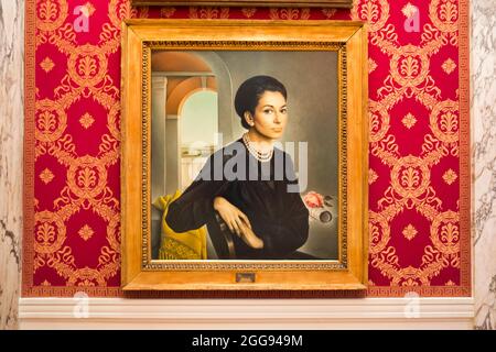 Un portrait de peinture à l'huile de la chanteuse de diva, Maria Callas. À l'opéra de la Scala, au musée de musique et à la bibliothèque de Milan, en Italie. Banque D'Images