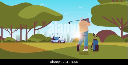 homme senior jouant au golf sur un parcours de golf vert joueur afro-américain âgé prenant un tir actif vieux concept d'âge Illustration de Vecteur