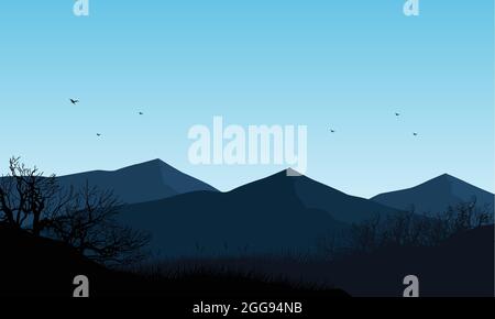 Vue fantastique sur les montagnes depuis l'extérieur de la ville au lever du soleil le matin. Illustration vectorielle d'une ville Illustration de Vecteur