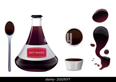 Sauce à sushi asiatique de soja dans un bol, des bouteilles en verre et une cuillère avec des flaques de sauce. Des éléments réalistes pour l'icône et le design des aliments Illustration de Vecteur