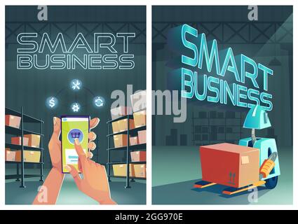 Affiches de dessins animés professionnelles intelligentes, boîte de chargement de robot-chariot à l'intérieur de l'entrepôt. Distributeur utilise l'application pour la logistique intelligente, la livraison de fret, le service postal, la bannière web vecteur de magasin Illustration de Vecteur