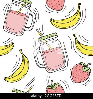 Smoothie à la banane et à la fraise dans un pot en verre. Boisson fraîche d'été. Motif sans couture dessiné à la main sur fond blanc. Désintoxication et vie saine. Illustration de Vecteur