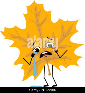 Feuille d'érable caractère avec pleurs et larmes émotion, visage triste, yeux dépressifs, bras et jambes. Plante forestière de couleur jaune d'automne Illustration de Vecteur
