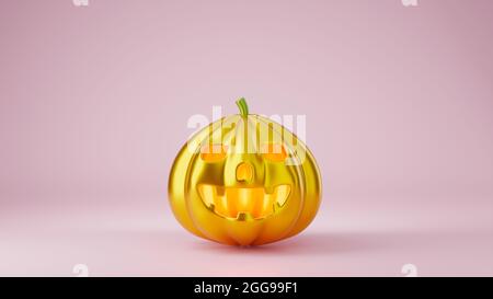 Golden Pumpkin of Happy Halloween Day concept isolé sur fond rose, design minimaliste, mode tendance style créatif, illustration de rendu 3D Banque D'Images