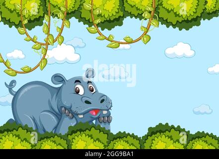 Hippopotamus personnage de dessin animé dans une illustration vierge de scène de forêt Illustration de Vecteur