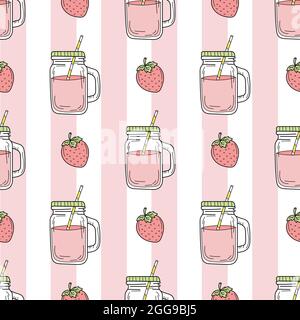 Smoothie aux fraises - motif sans couture sur le fond. Limonade dans un pot en verre. Boisson fraîche d'été. Idéal pour les restaurants, la conception de menus, les bannières, les prospectus Illustration de Vecteur