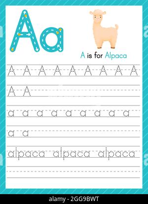 Tracer la lettre A en majuscules et en minuscules. Feuille de travail préscolaire de pratique de traçage d'alphabet pour les enfants apprenant l'anglais avec mignon animal de dessin animé. Page activité Illustration de Vecteur