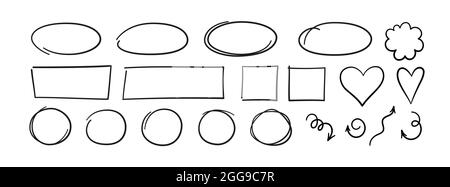Ensemble de cercles, ovales, coeurs et flèches dessinés à la main. Mettez en surbrillance les cadres de cercle. Ellipses et flèches courbes en forme de doodle. Illustration vectorielle isolée Illustration de Vecteur