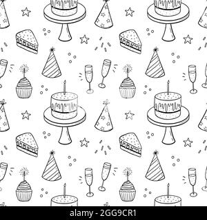 Motif sans couture avec gâteaux festifs aux bougies, chapeaux de fête et champagne. Illustration vectorielle dessinée à la main dans un style Doodle.idéale pour les motifs d'anniversaire, papier d'emballage, cartes, invitations, décorations Illustration de Vecteur