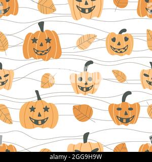 Motif Halloween avec têtes et feuilles de citrouille. Illustration de Vecteur